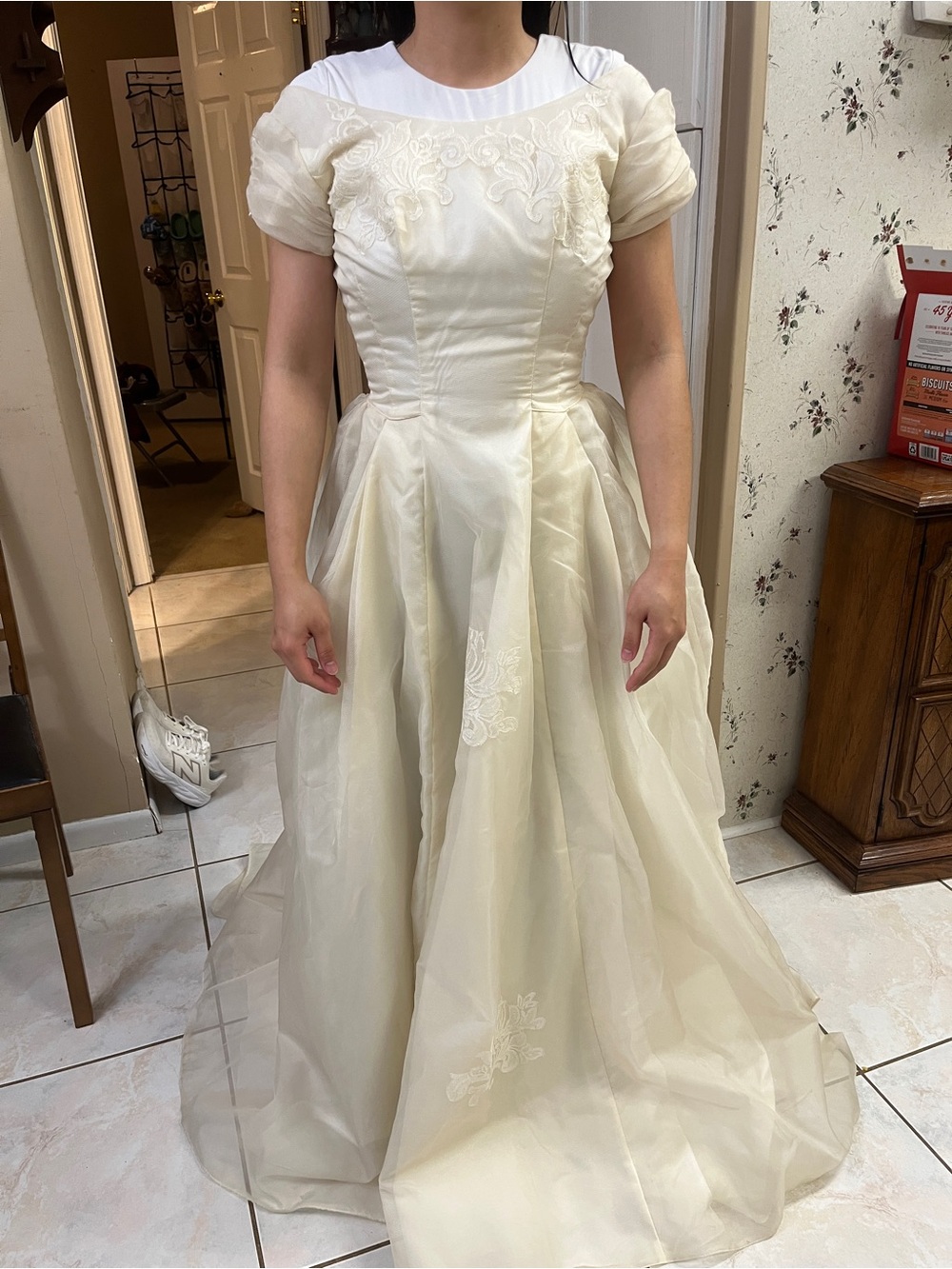 Coquette whimsical Vintage Ivory Short-Sleeve Organza Ball Gown Dress. XS
